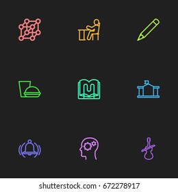 Set Of 9 Editable Teach Icons. Includes Symbols Such As Stand , Eat, Instrument. Can Be Used For Web, Mobile, UI And Infographic Design.