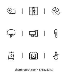 Set Of 9 Editable Teach Icons. Includes Symbols Such As Instrument, Bookcase, Fastener Page And More. Can Be Used For Web, Mobile, UI And Infographic Design.