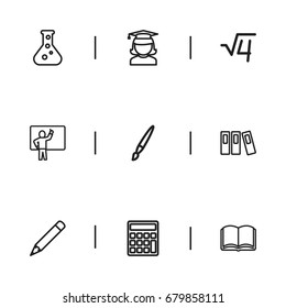 Set Of 9 Editable Teach Outline Icons. Includes Symbols Such As Calculate, Book, Formula And More. Can Be Used For Web, Mobile, UI And Infographic Design.