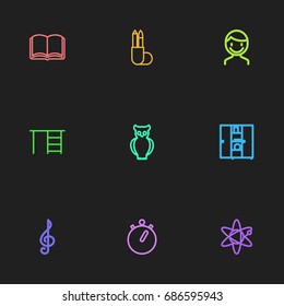 Set Of 9 Editable Teach Outline Icons. Includes Symbols Such As Stopwatch, Molecule, Treble Clef And More. Can Be Used For Web, Mobile, UI And Infographic Design.