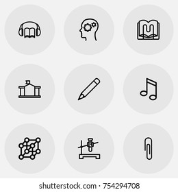 Set Of 9 Editable Teach Outline Icons. Includes Symbols Such As Stand , Gear, School. Can Be Used For Web, Mobile, UI And Infographic Design.