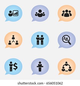 Set Of 9 Editable Team Icons. Includes Symbols Such As Speaker, Agreement, Group And More. Can Be Used For Web, Mobile, UI And Infographic Design.