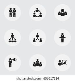 Set Of 9 Editable Team Icons. Includes Symbols Such As Staff Structure, Teamwork, Commander. Can Be Used For Web, Mobile, UI And Infographic Design.