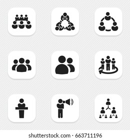 Set Of 9 Editable Team Icons. Includes Symbols Such As Commander, Debate, Team. Can Be Used For Web, Mobile, UI And Infographic Design.
