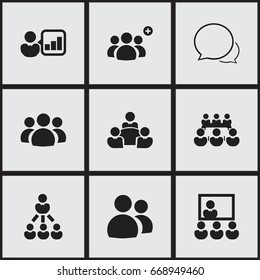 Set Of 9 Editable Team Icons. Includes Symbols Such As Corporate, Conversation, Group And More. Can Be Used For Web, Mobile, UI And Infographic Design.