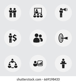 Set Of 9 Editable Team Icons. Includes Symbols Such As Finance Director, Agreement, Speaker And More. Can Be Used For Web, Mobile, UI And Infographic Design.