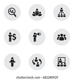 Set Of 9 Editable Team Icons. Includes Symbols Such As Human Resouces, Speaker, Finance Director And More. Can Be Used For Web, Mobile, UI And Infographic Design.