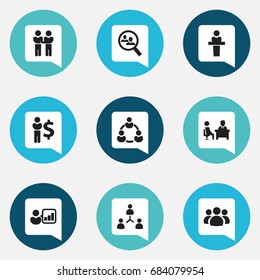 Set Of 9 Editable Team Icons. Includes Symbols Such As Partnership, Human Resouces, Group And More. Can Be Used For Web, Mobile, UI And Infographic Design.