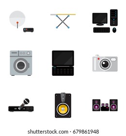 Set Of 9 Editable Tech Flat Icons. Includes Symbols Such As Personal Computer, Camera, Antenna And More. Can Be Used For Web, Mobile, UI And Infographic Design.