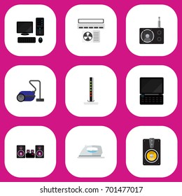 Set Of 9 Editable Tech Flat Icons. Includes Symbols Such As Personal Computer, Tuner, Megaphone And More. Can Be Used For Web, Mobile, UI And Infographic Design.