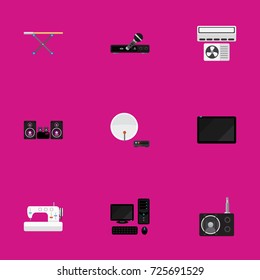 Set Of 9 Editable Tech Flat Icons. Includes Symbols Such As Tuner, Palmtop, Sewing Machine And More. Can Be Used For Web, Mobile, UI And Infographic Design.