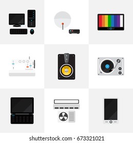 Set Of 9 Editable Tech Icons. Includes Symbols Such As Ventilation, Sewing Machine, Turntable And More. Can Be Used For Web, Mobile, UI And Infographic Design.
