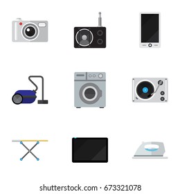 Set Of 9 Editable Tech Icons. Includes Symbols Such As Cloth Iron, Turntable, Palmtop And More. Can Be Used For Web, Mobile, UI And Infographic Design.