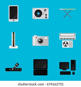 Set Of 9 Editable Tech Icons. Includes Symbols Such As Camera, Notebook, Turntable And More. Can Be Used For Web, Mobile, UI And Infographic Design.