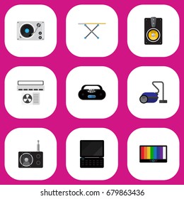 Set Of 9 Editable Technology Flat Icons. Includes Symbols Such As Cassette Player, Notebook, Cloth Iron And More. Can Be Used For Web, Mobile, UI And Infographic Design.