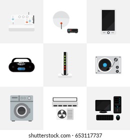 Set Of 9 Editable Technology Icons. Includes Symbols Such As Ventilation, Cassette Player, Sewing Machine And More. Can Be Used For Web, Mobile, UI And Infographic Design.