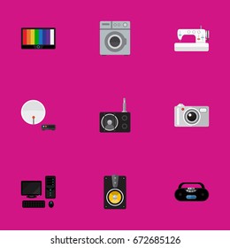 Set Of 9 Editable Technology Icons. Includes Symbols Such As Camera, Personal Computer, Antenna And More. Can Be Used For Web, Mobile, UI And Infographic Design.