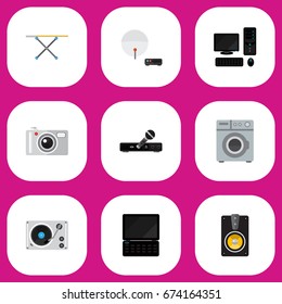 Set Of 9 Editable Technology Icons. Includes Symbols Such As Notebook, Antenna, Laundromat And More. Can Be Used For Web, Mobile, UI And Infographic Design.