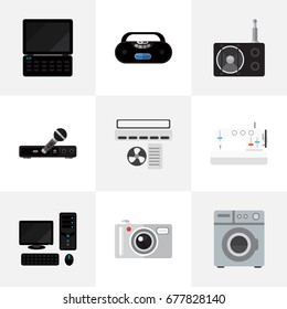 Set Of 9 Editable Technology Icons. Includes Symbols Such As Sewing Machine, Cassette Player, Notebook And More. Can Be Used For Web, Mobile, UI And Infographic Design.