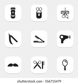 Set Of 9 Editable Tonsorial Artist Icons. Includes Symbols Such As Shaving, Blade, Take The Hair Dryer And More. Can Be Used For Web, Mobile, UI And Infographic Design.