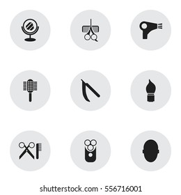 Set Of 9 Editable Tonsorial Artist Icons. Includes Symbols Such As Barber Tools, Cutter Apparatus, Charger And More. Can Be Used For Web, Mobile, UI And Infographic Design.