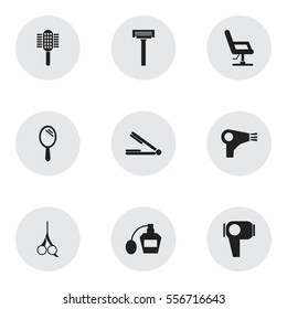 Set Of 9 Editable Tonsorial Artist Icons. Includes Symbols Such As Desiccator, Hair Drier, Charger And More. Can Be Used For Web, Mobile, UI And Infographic Design.