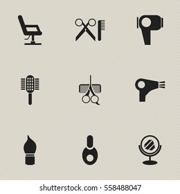 Set Of 9 Editable Tonsorial Artist Icons. Includes Symbols Such As Hairdresser Set, Charger, Scrub And More. Can Be Used For Web, Mobile, UI And Infographic Design.