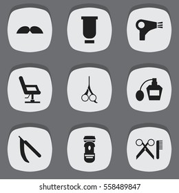 Set Of 9 Editable Tonsorial Artist Icons. Includes Symbols Such As Barber Tools, Elbow Chair, Whiskers And More. Can Be Used For Web, Mobile, UI And Infographic Design.