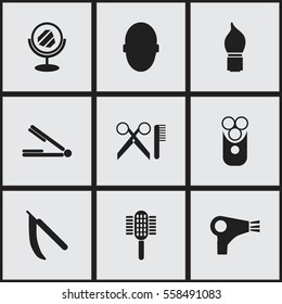 Set Of 9 Editable Tonsorial Artist Icons. Includes Symbols Such As Brains, Peeper, Take The Hair Dryer And More. Can Be Used For Web, Mobile, UI And Infographic Design.