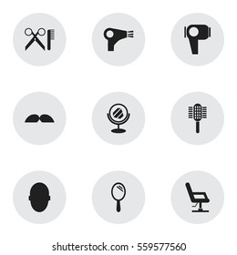 Set Of 9 Editable Tonsorial Artist Icons. Includes Symbols Such As Reflector, Elbow Chair, Peeper And More. Can Be Used For Web, Mobile, UI And Infographic Design.