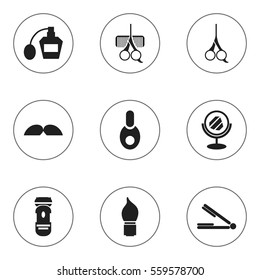 Set Of 9 Editable Tonsorial Artist Icons. Includes Symbols Such As Peeper, Whiskers, Take The Hair Dryer And More. Can Be Used For Web, Mobile, UI And Infographic Design.