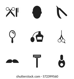 Set Of 9 Editable Tonsorial Artist Icons. Includes Symbols Such As Vial, Reflector, Blade And More. Can Be Used For Web, Mobile, UI And Infographic Design.