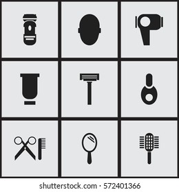 Set Of 9 Editable Tonsorial Artist Icons. Includes Symbols Such As Shaving, Container, Shaver And More. Can Be Used For Web, Mobile, UI And Infographic Design.