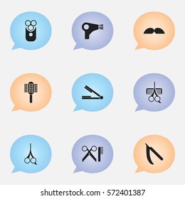 Set Of 9 Editable Tonsorial Artist Icons. Includes Symbols Such As Barber Tools, Hairdresser Set, Whiskers And More. Can Be Used For Web, Mobile, UI And Infographic Design.