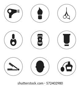 Set Of 9 Editable Tonsorial Artist Icons. Includes Symbols Such As Brains, Container, Vial And More. Can Be Used For Web, Mobile, UI And Infographic Design.