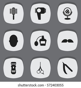 Set Of 9 Editable Tonsorial Artist Icons. Includes Symbols Such As Charger, Hair Drier, Peeper And More. Can Be Used For Web, Mobile, UI And Infographic Design.