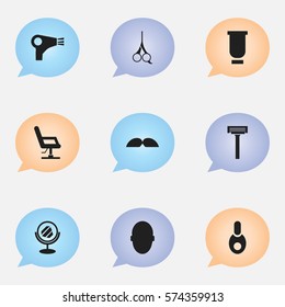 Set Of 9 Editable Tonsorial Artist Icons. Includes Symbols Such As Cut Tool, Shaver, Container And More. Can Be Used For Web, Mobile, UI And Infographic Design.