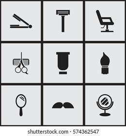 Set Of 9 Editable Tonsorial Artist Icons. Includes Symbols Such As Shaver, Hairdresser Set, Elbow Chair And More. Can Be Used For Web, Mobile, UI And Infographic Design.