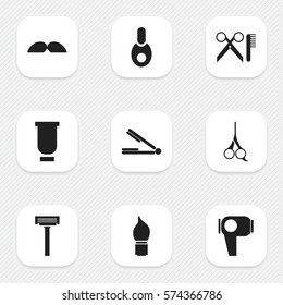 Set Of 9 Editable Tonsorial Artist Icons. Includes Symbols Such As Barber Tools, Shaver, Vial And More. Can Be Used For Web, Mobile, UI And Infographic Design.