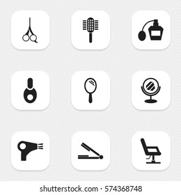 Set Of 9 Editable Tonsorial Artist Icons. Includes Symbols Such As Reflector, Charger, Peeper And More. Can Be Used For Web, Mobile, UI And Infographic Design.
