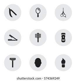 Set Of 9 Editable Tonsorial Artist Icons. Includes Symbols Such As Charger, Brains, Shaving And More. Can Be Used For Web, Mobile, UI And Infographic Design.