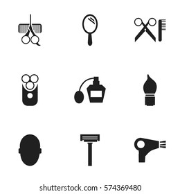 Set Of 9 Editable Tonsorial Artist Icons. Includes Symbols Such As Shaver, Desiccator, Cutter Apparatus And More. Can Be Used For Web, Mobile, UI And Infographic Design.