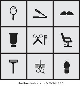 Set Of 9 Editable Tonsorial Artist Icons. Includes Symbols Such As Barber Tools, Whiskers, Scrub And More. Can Be Used For Web, Mobile, UI And Infographic Design.