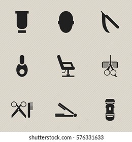 Set Of 9 Editable Tonsorial Artist Icons. Includes Symbols Such As Blade, Vial, Shaving And More. Can Be Used For Web, Mobile, UI And Infographic Design.