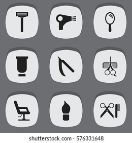 Set Of 9 Editable Tonsorial Artist Icons. Includes Symbols Such As Blade, Barber Tools, Reflector And More. Can Be Used For Web, Mobile, UI And Infographic Design.