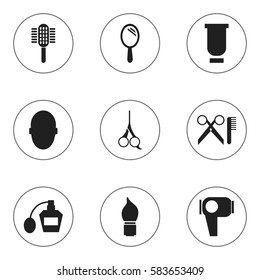 Set Of 9 Editable Tonsorial Artist Icons. Includes Symbols Such As Brains, Barber Tools, Container And More. Can Be Used For Web, Mobile, UI And Infographic Design.