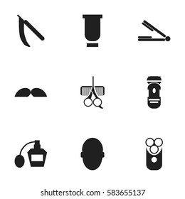 Set Of 9 Editable Tonsorial Artist Icons. Includes Symbols Such As Whiskers, Brains, Cutter Apparatus And More. Can Be Used For Web, Mobile, UI And Infographic Design.