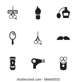 Set Of 9 Editable Tonsorial Artist Icons. Includes Symbols Such As Whiskers, Shaving, Cutter Apparatus And More. Can Be Used For Web, Mobile, UI And Infographic Design.
