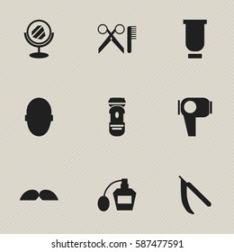 Set Of 9 Editable Tonsorial Artist Icons. Includes Symbols Such As Brains, Container, Barber Tools And More. Can Be Used For Web, Mobile, UI And Infographic Design.