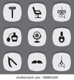 Set Of 9 Editable Tonsorial Artist Icons. Includes Symbols Such As Peeper, Cut Tool, Scent And More. Can Be Used For Web, Mobile, UI And Infographic Design.